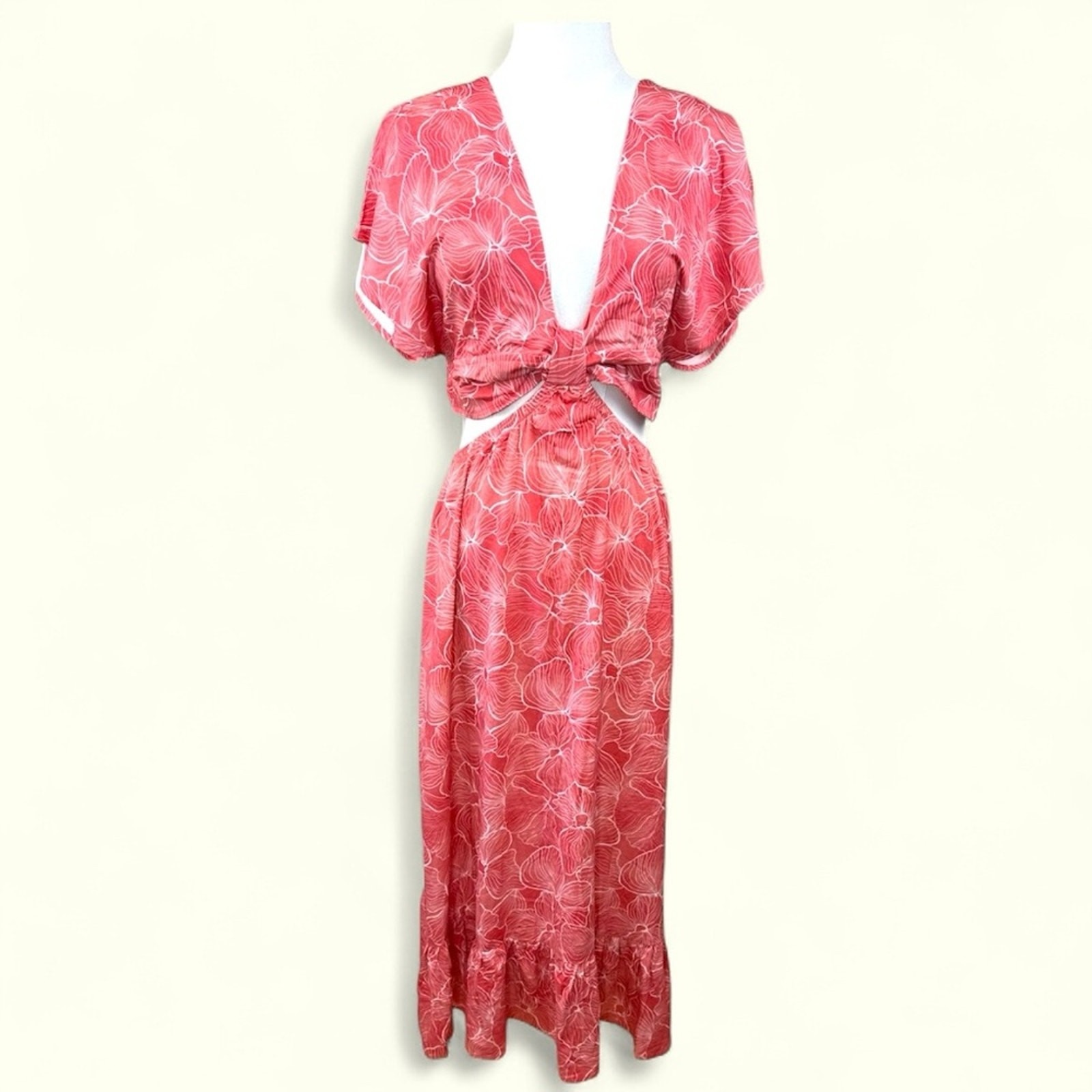 Shore Nwt Sz Med Coral Pink Hibiscus Floral Midi Dress Open Back